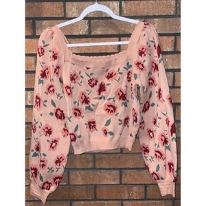 Willow & Wind Womens Pink Floral Scalloped Square Neck Balloon Sleeve Sweater M